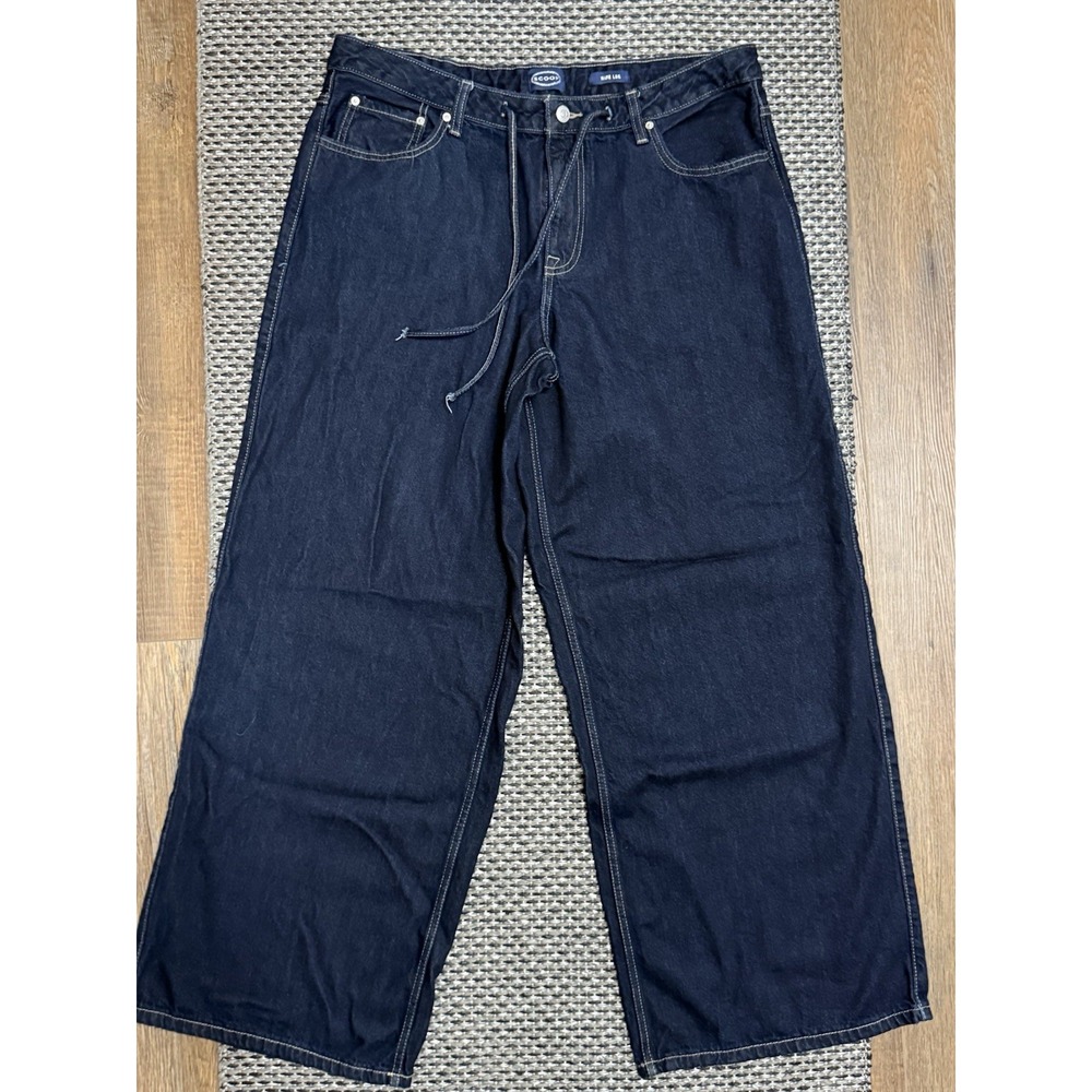 SCOOP Women's Low Slung Wide Leg Jeans Tie Waist Relaxed Fit Dark Wash Size 14